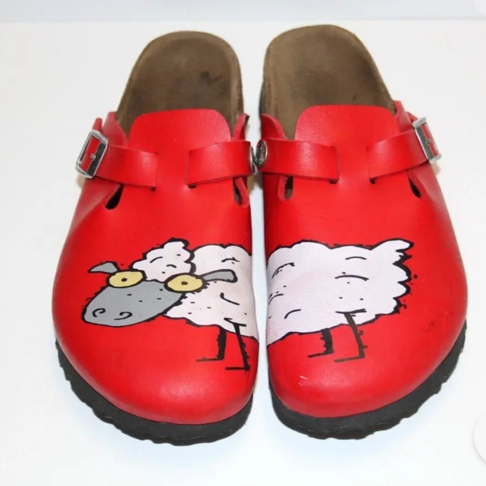 Birkenstock Birki’s Woodby Kay Sheep Clogs Slip On Red Leather Slides Shoes EVA
